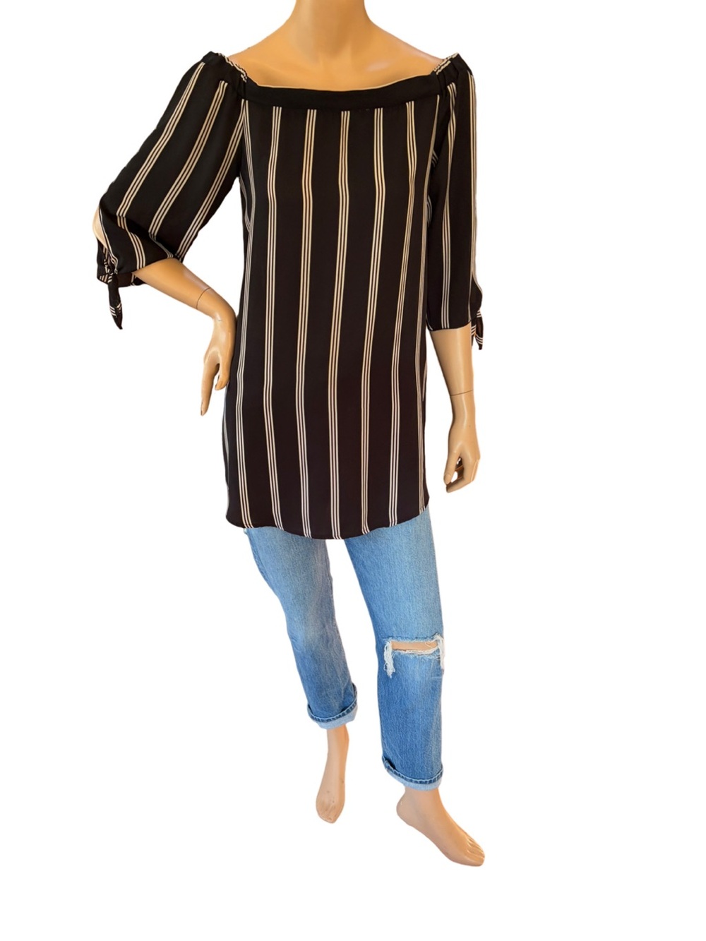 Streetwear Society Black White Stripe Off Shoulder Tunic Mini Dress Large